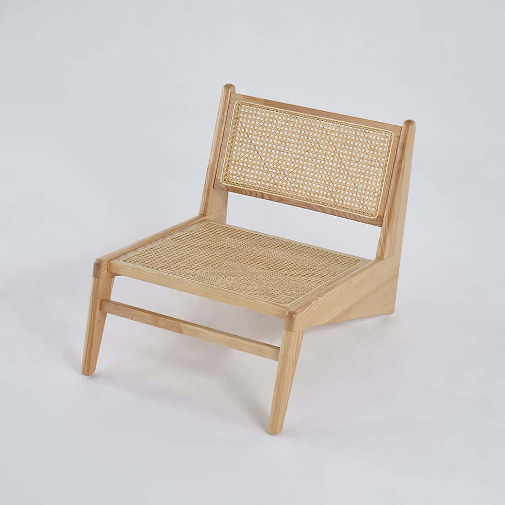 Japandi Ash Wood Lounge Chair With Rattan Back - Natural