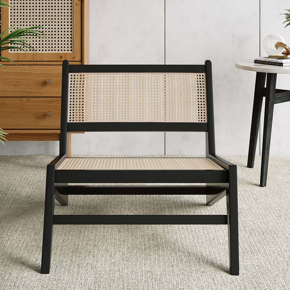 Japandi Ash Wood Lounge Chair With Rattan Back - Natural