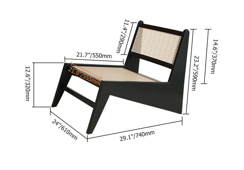 Japandi Ash Wood Lounge Chair With Rattan Back - Natural Dimensions