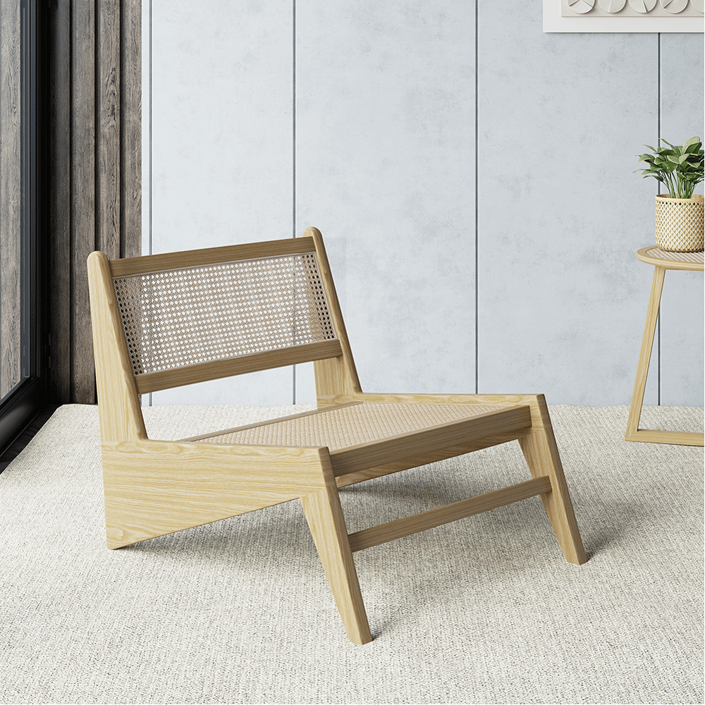 Japandi Ash Wood Lounge Chair With Rattan Back - Natural Main Product Image