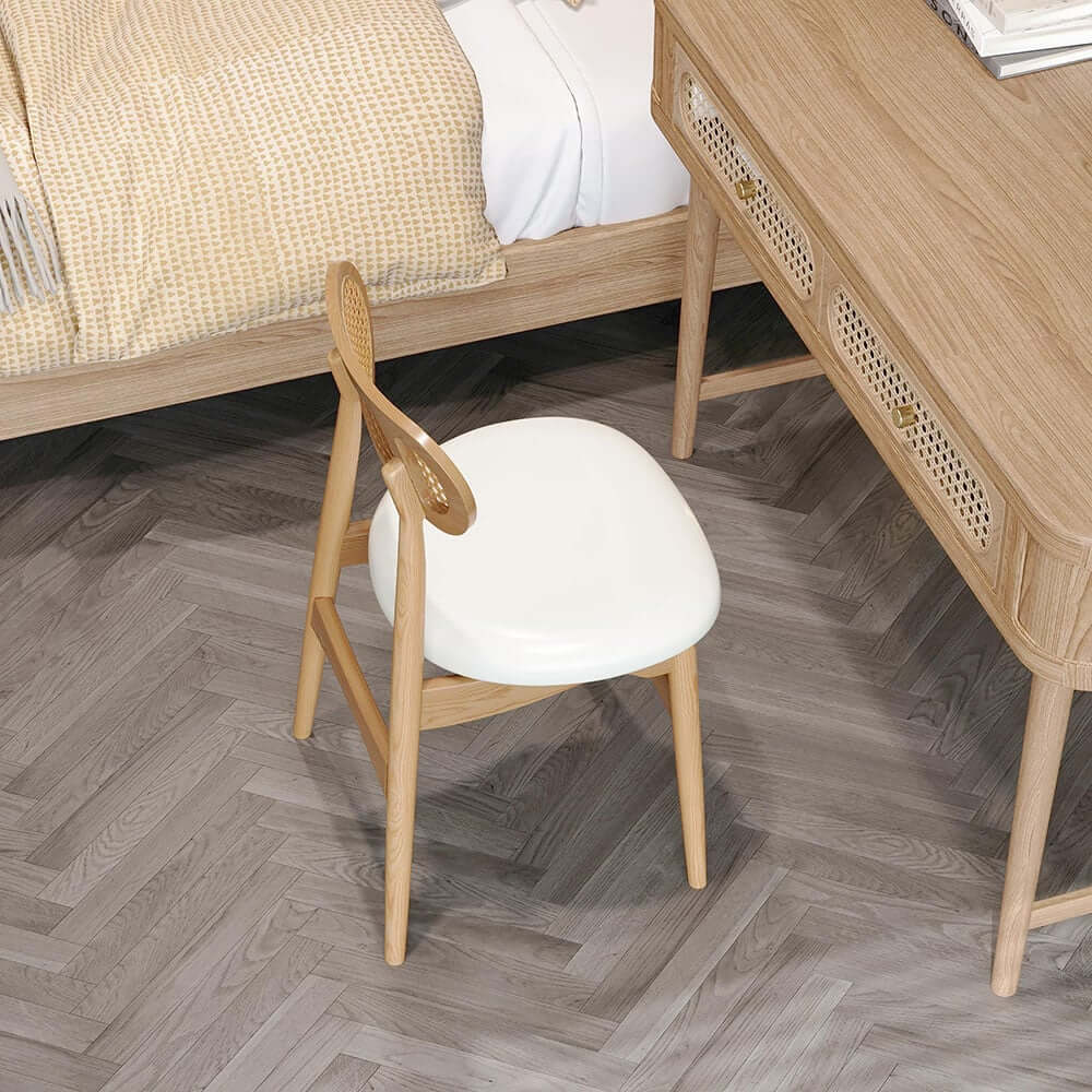 Japandi Ash Wood Side Chair With Faux Leather Upholstery