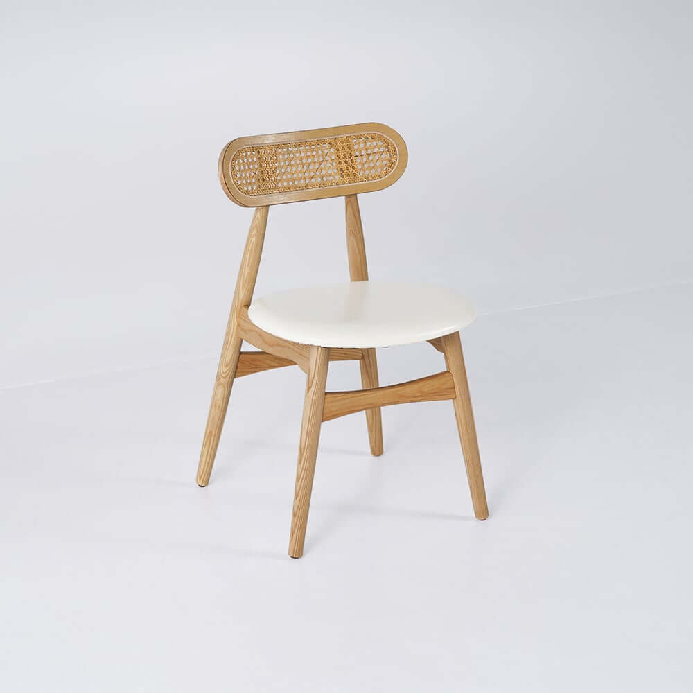 Japandi Ash Wood Side Chair With Faux Leather Upholstery