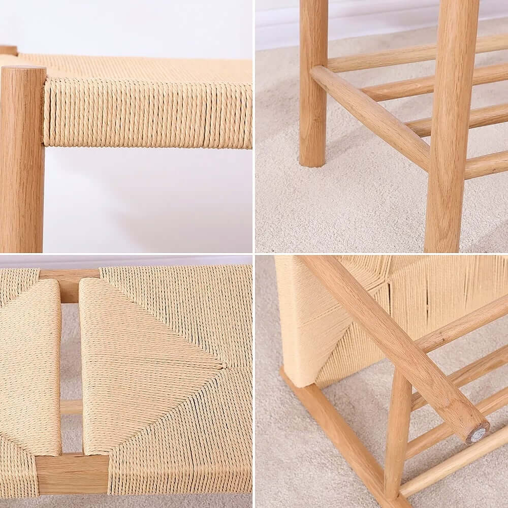 Japandi Backless Oak Bench With Kraft Twine Seat