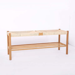 Japandi Backless Oak Bench With Kraft Twine Seat