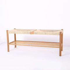 Japandi Backless Oak Bench With Kraft Twine Seat