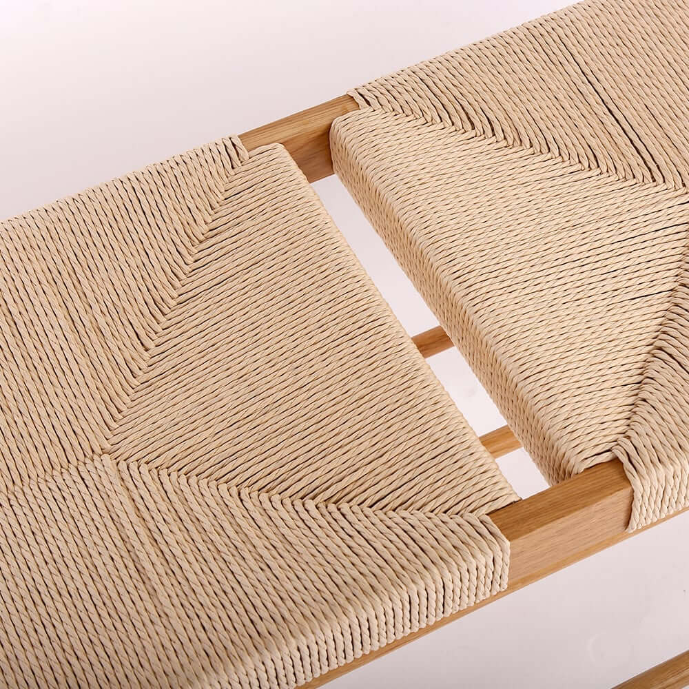 Japandi Backless Oak Bench With Kraft Twine Seat