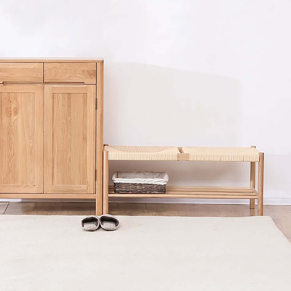Japandi Backless Oak Bench With Kraft Twine Seat