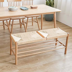 Japandi Backless Oak Bench With Kraft Twine Seat