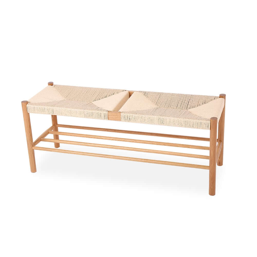 Japandi Backless Oak Bench With Kraft Twine Seat