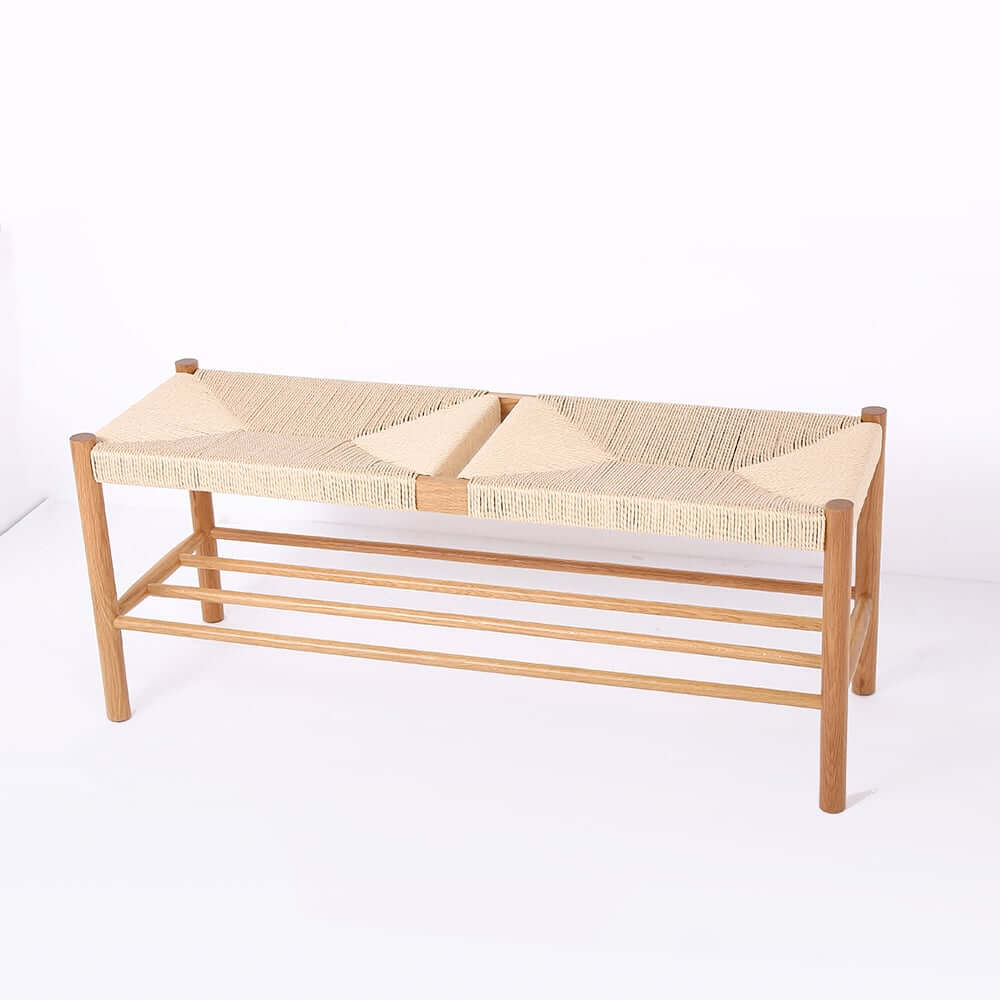 Japandi Backless Oak Bench With Kraft Twine Seat