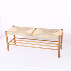 Japandi Backless Oak Bench With Kraft Twine Seat