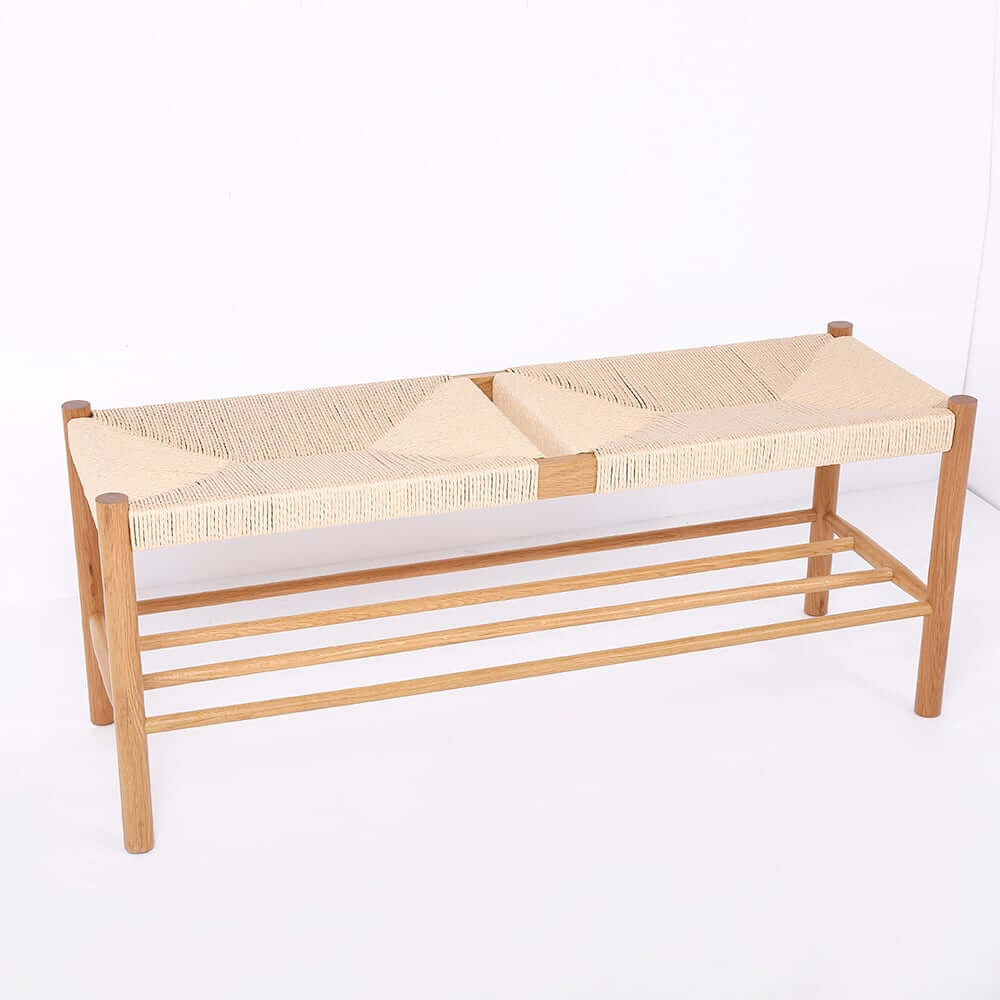 Japandi Backless Oak Bench With Kraft Twine Seat