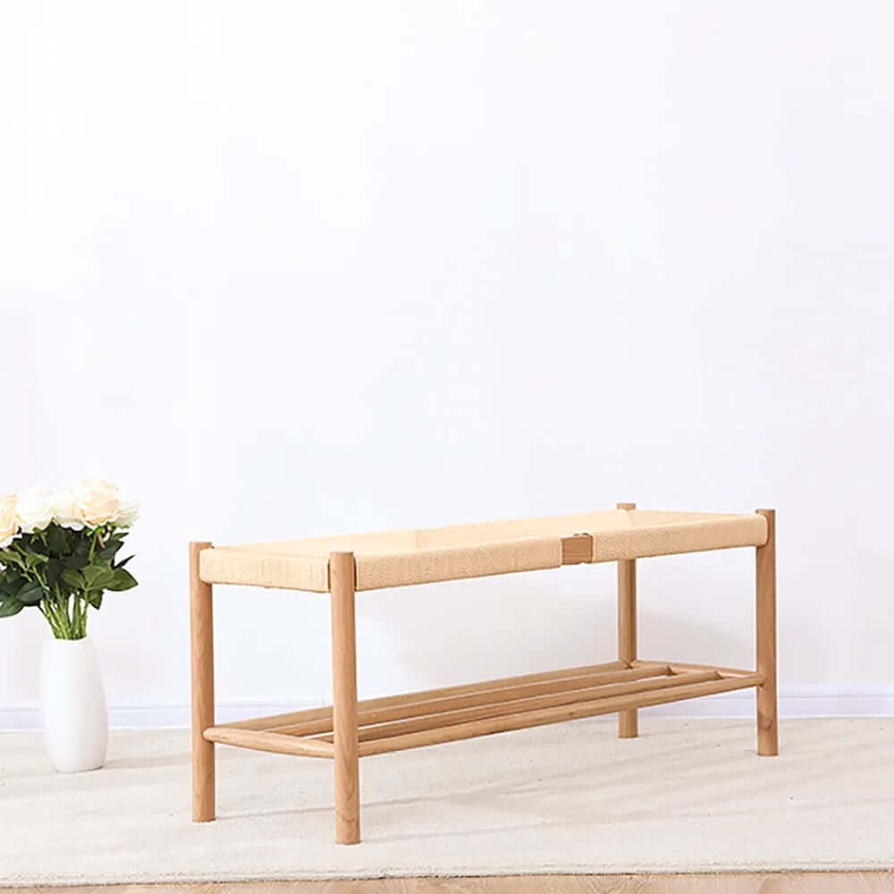 Japandi Backless Oak Bench With Kraft Twine Seat