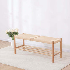 Japandi Backless Oak Bench With Kraft Twine Seat