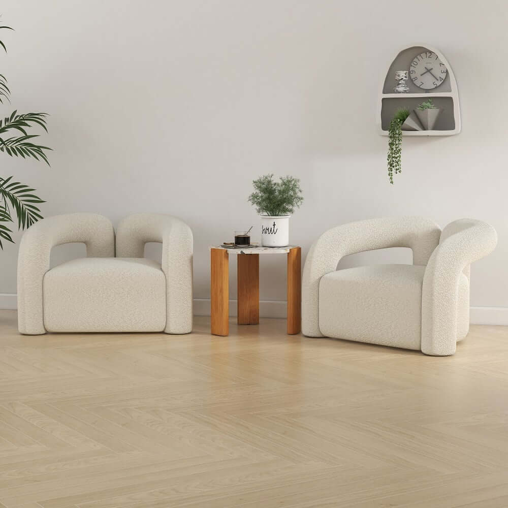 Japandi Barrel Chair With Boucle Upholstery, White