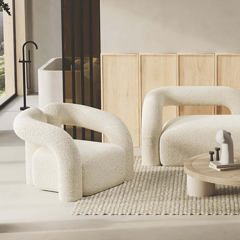 Japandi Barrel Chair With Boucle Upholstery, White