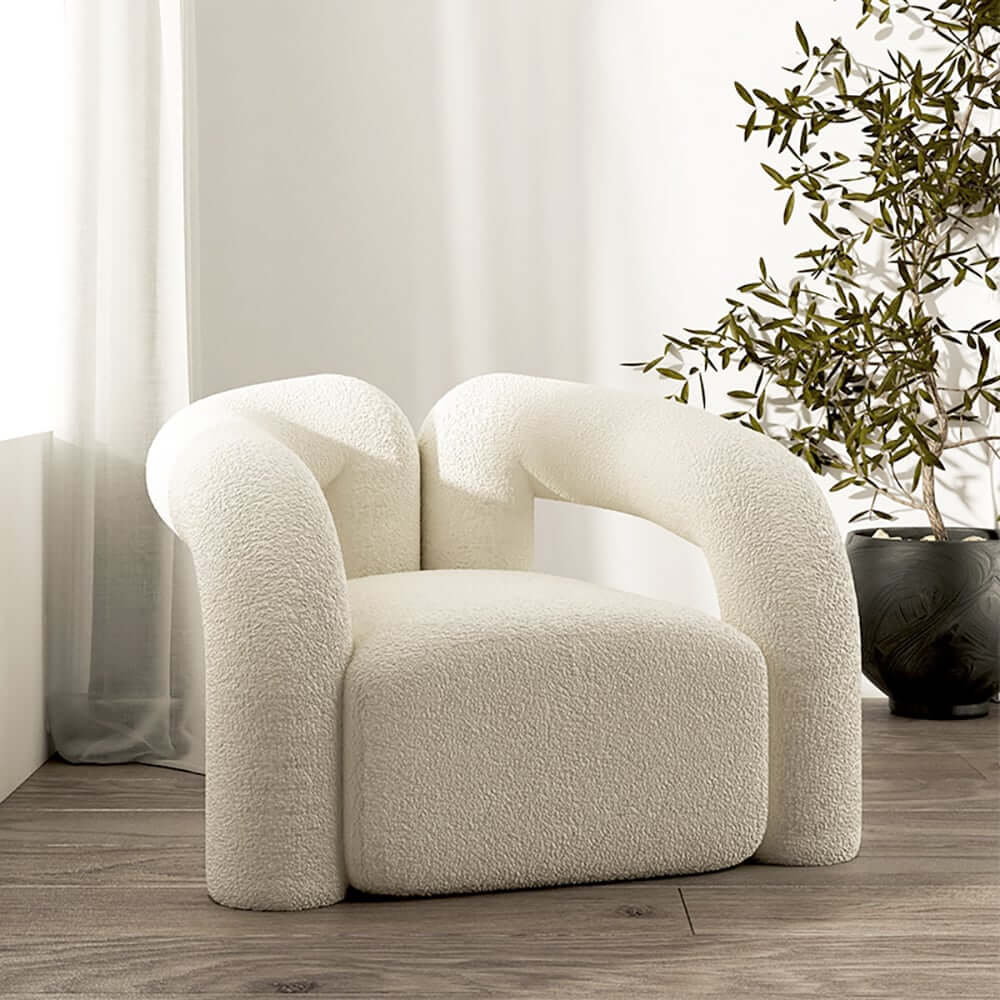 Japandi Barrel Chair With Boucle Upholstery, White