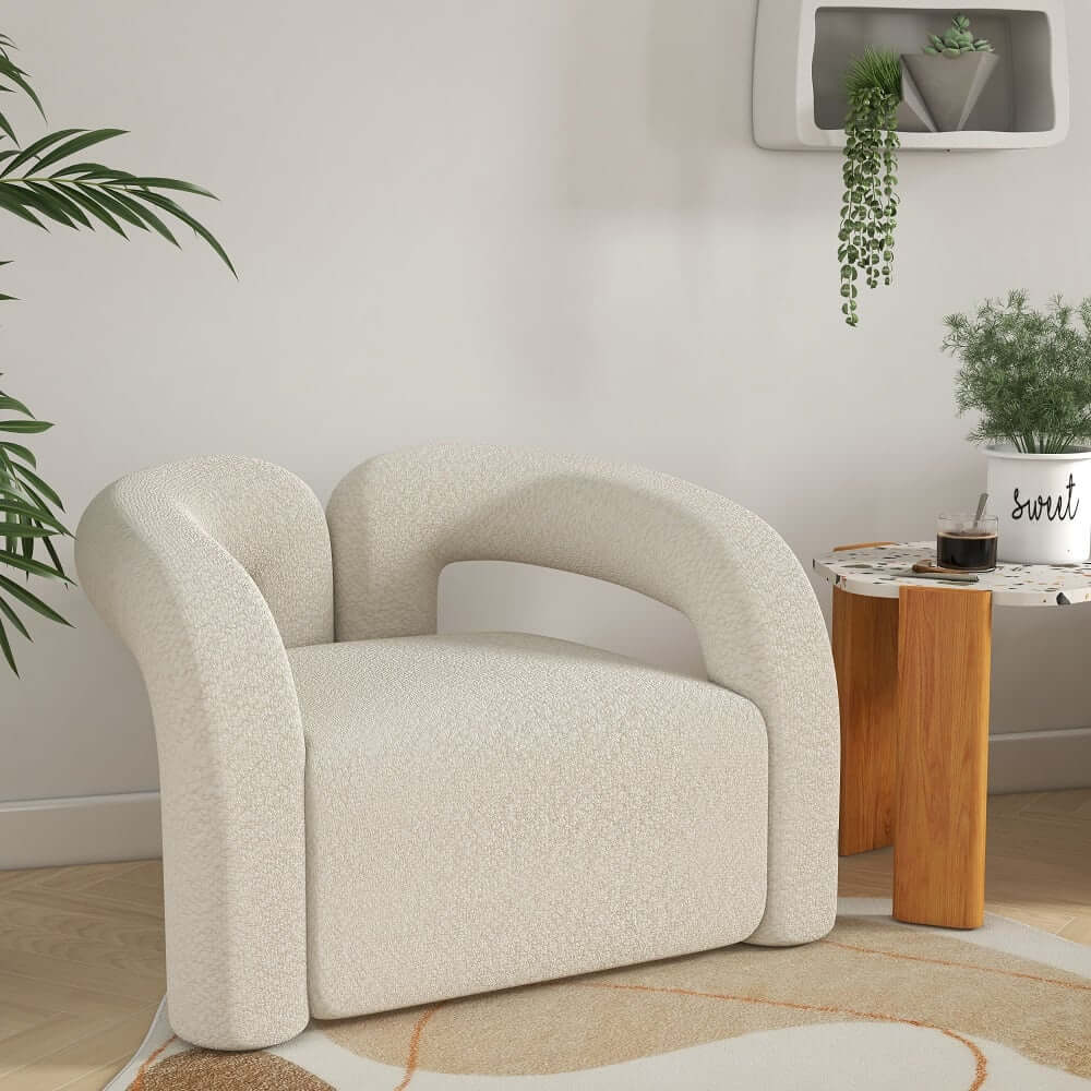 Japandi Barrel Chair With Boucle Upholstery, White