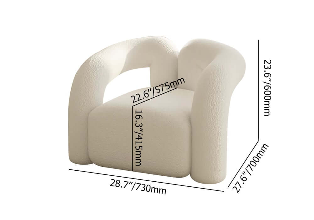 Japandi Barrel Chair With Boucle Upholstery, White Dimensions