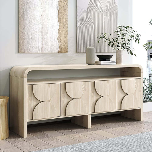 Japandi Distressed White Sideboard With Oak Veneer Shelves