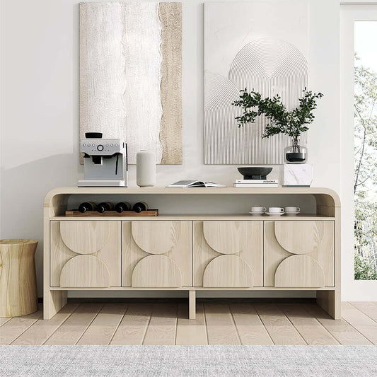 Japandi Distressed White Sideboard With Oak Veneer Shelves Main Product Image