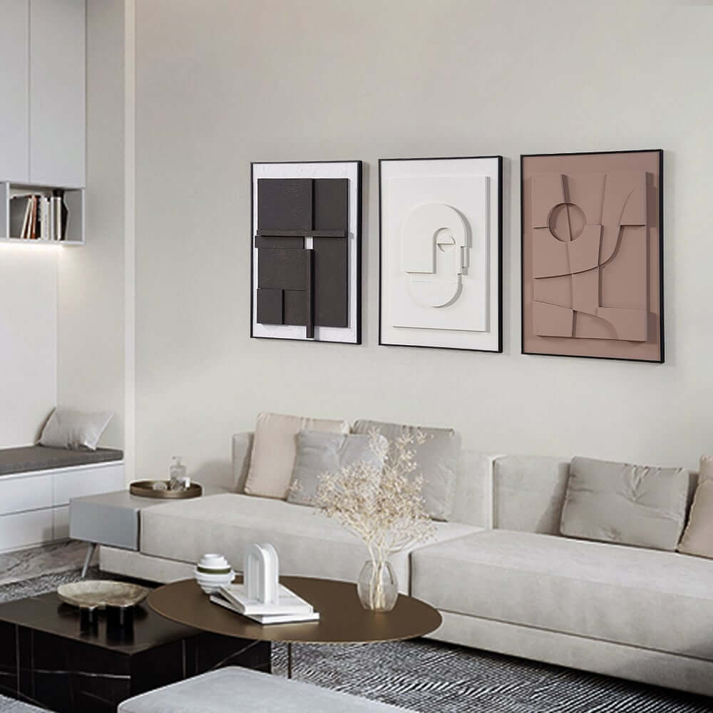 Japandi Geometric Wall Art Set with 3D Effect in MDF and Aluminum Frame