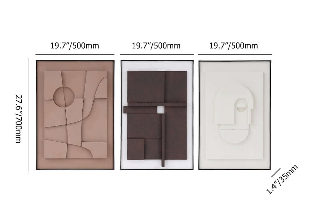 Japandi Geometric Wall Art Set with 3D Effect in MDF and Aluminum Frame Dimensions