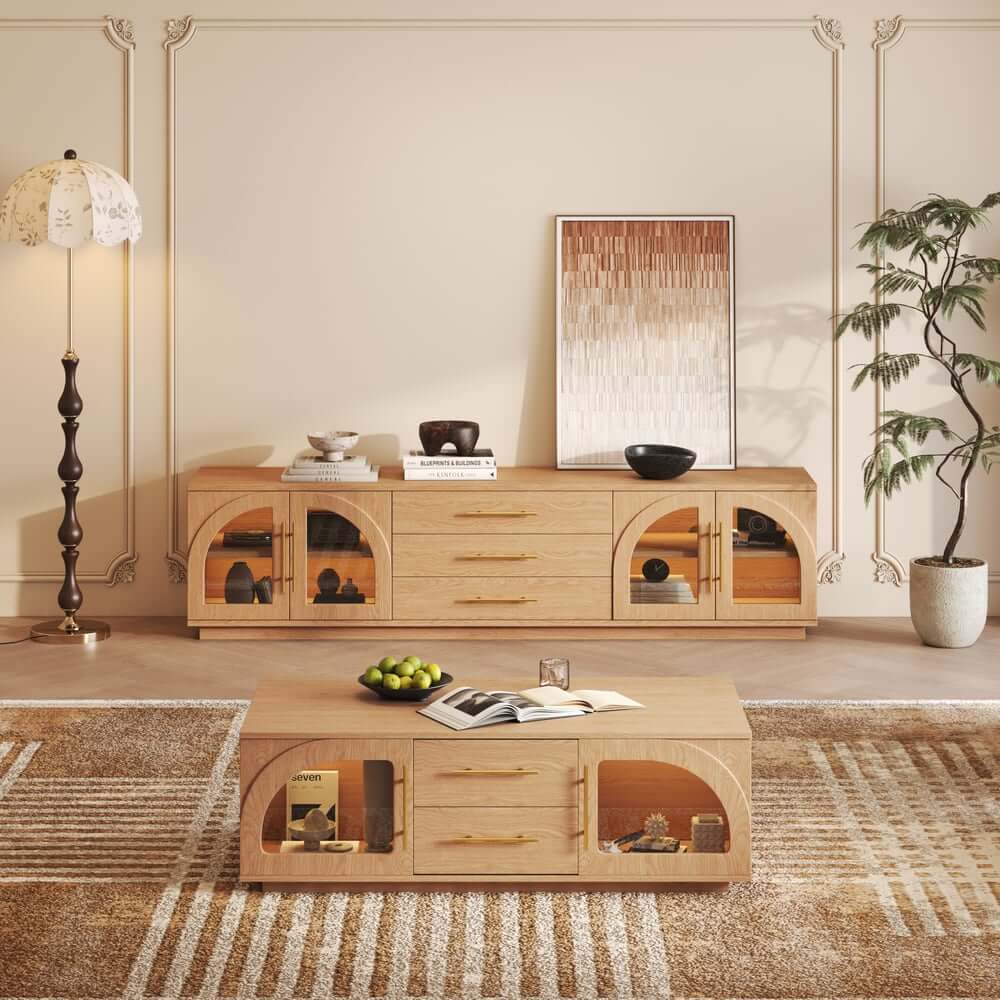 Japandi LED TV Stand With Soft-Close Drawers - Ash Veneer
