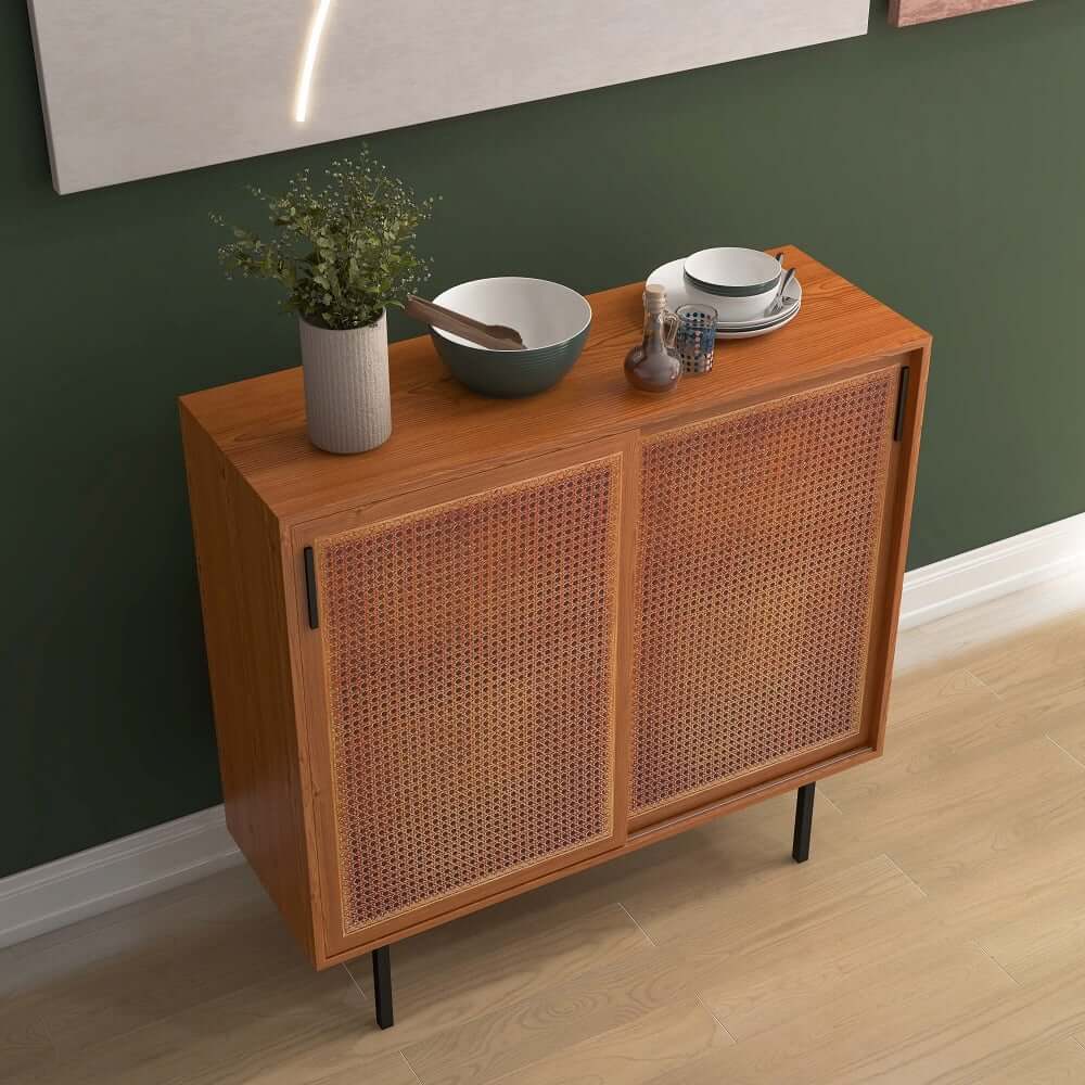 Japandi Pine Wood Cabinet With Rattan Doors, Natural Finish