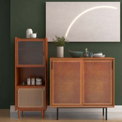 Japandi Pine Wood Cabinet With Rattan Doors, Natural Finish