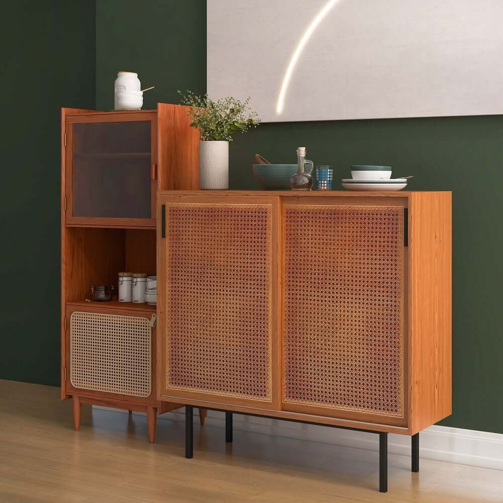 Japandi Pine Wood Cabinet With Rattan Doors, Natural Finish
