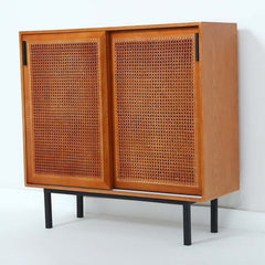 Japandi Pine Wood Cabinet With Rattan Doors, Natural Finish