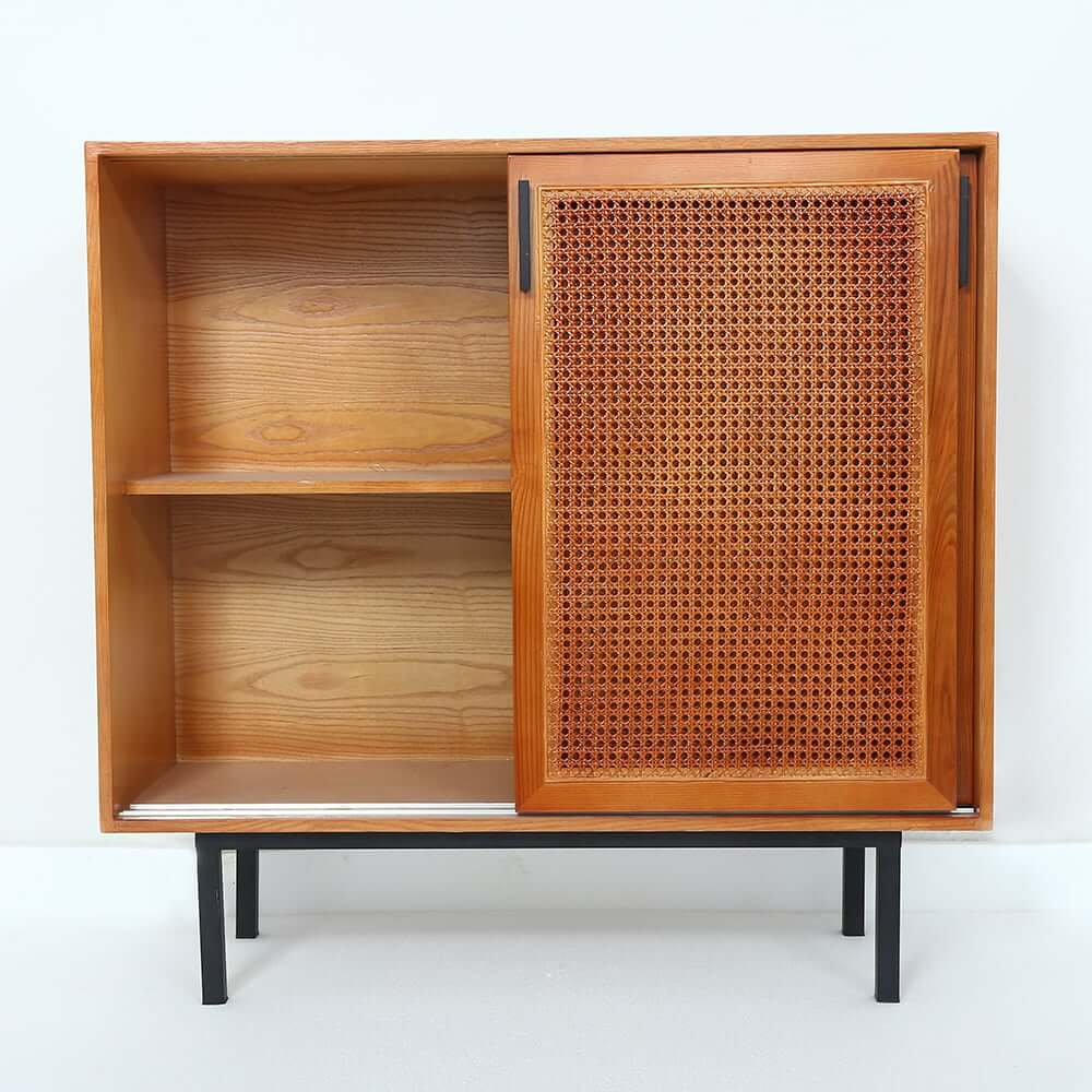 Japandi Pine Wood Cabinet With Rattan Doors, Natural Finish