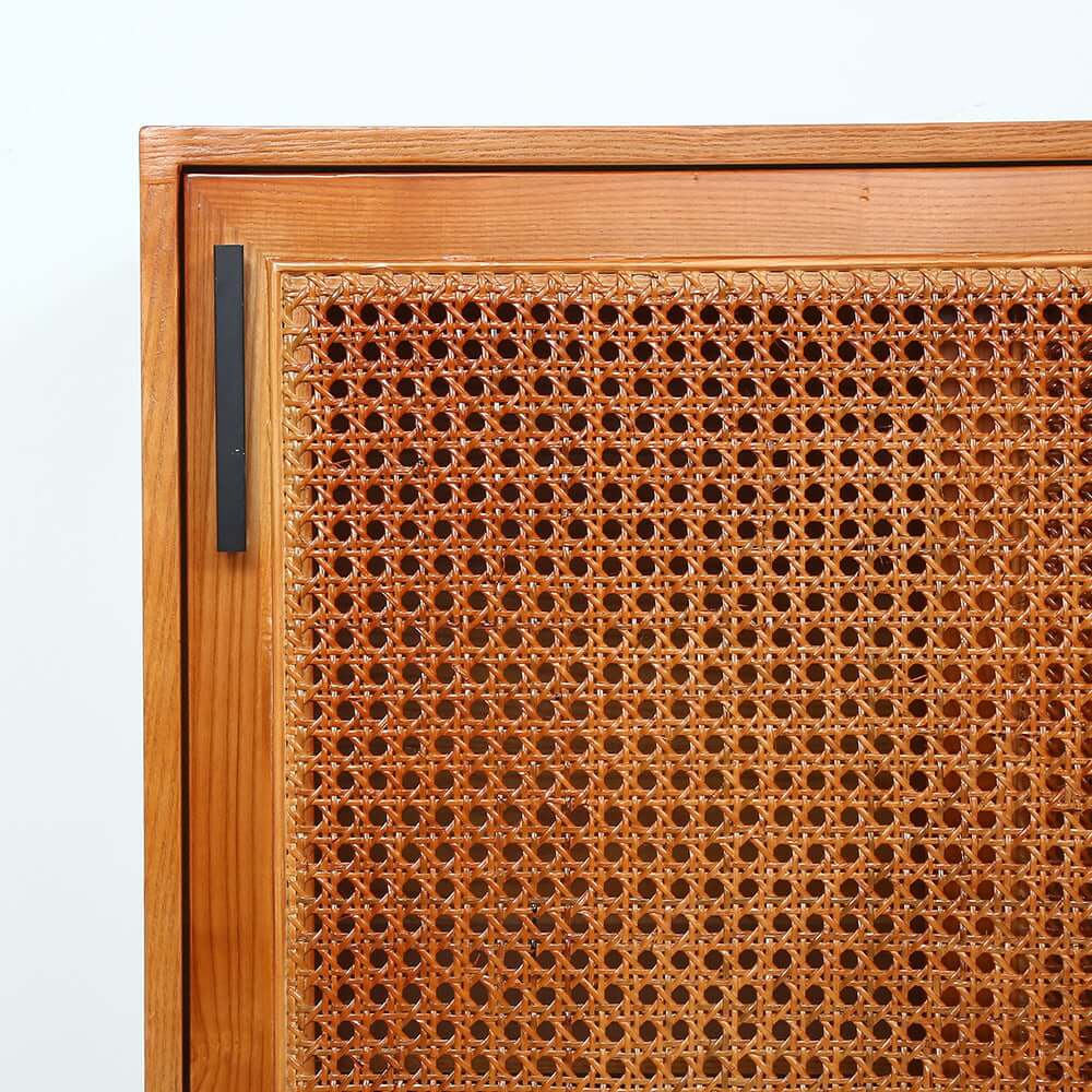 Japandi Pine Wood Cabinet With Rattan Doors, Natural Finish