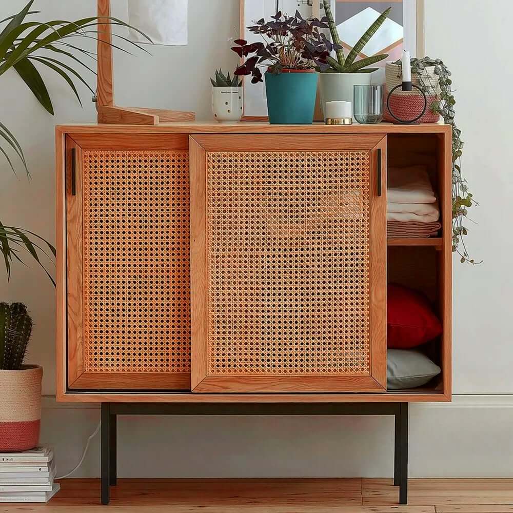 Japandi Pine Wood Cabinet With Rattan Doors, Natural Finish