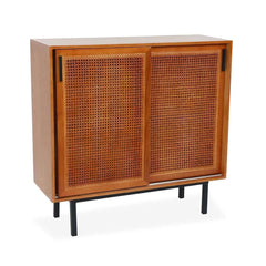 Japandi Pine Wood Cabinet With Rattan Doors, Natural Finish