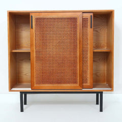 Japandi Pine Wood Cabinet With Rattan Doors, Natural Finish
