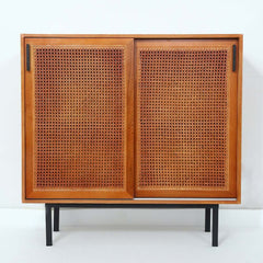 Japandi Pine Wood Cabinet With Rattan Doors, Natural Finish