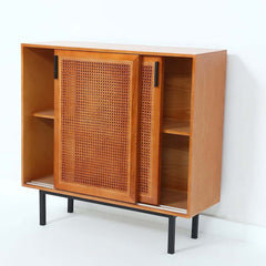 Japandi Pine Wood Cabinet With Rattan Doors, Natural Finish