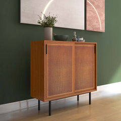 Japandi Pine Wood Cabinet With Rattan Doors, Natural Finish