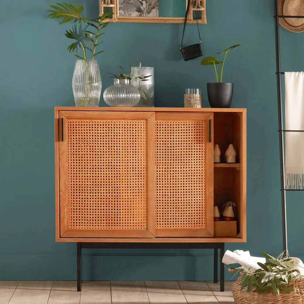 Japandi Pine Wood Cabinet With Rattan Doors, Natural Finish Main Product Image