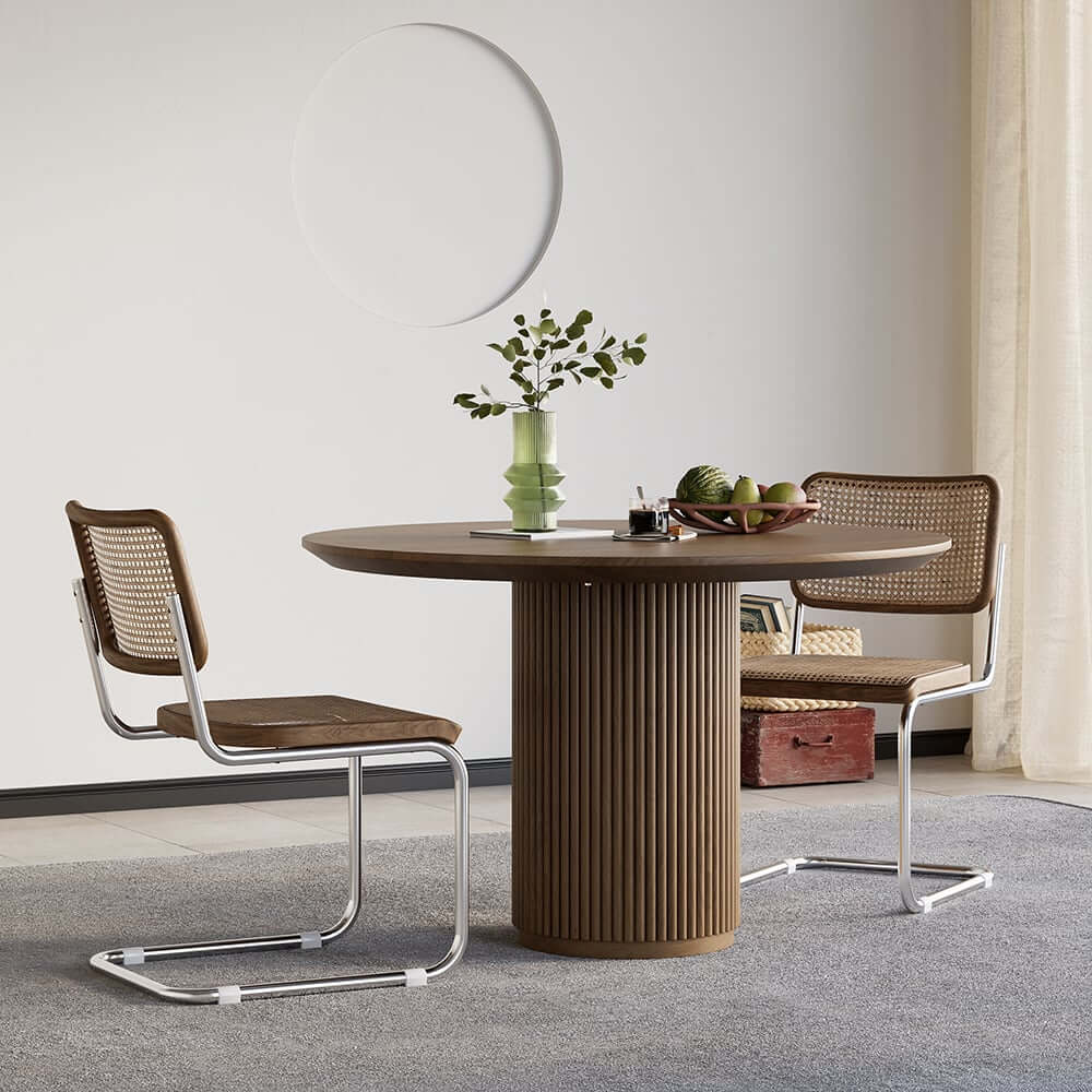 Japandi Pine Wood Round Dining Table With Ribbed Base