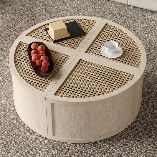 Japandi Rattan Round Coffee Table Set With Shelves