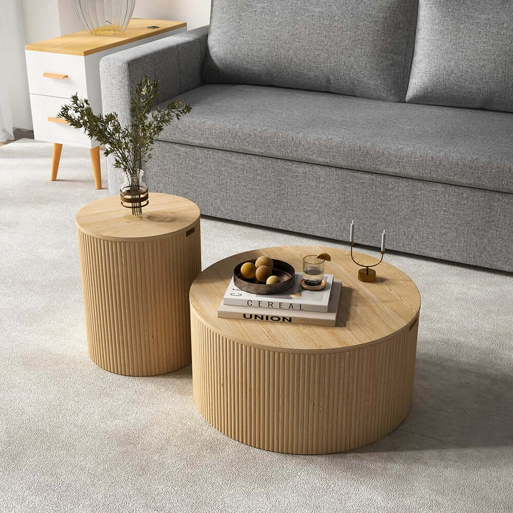 Japandi Round Coffee Table Set - Engineered Wood & Ash