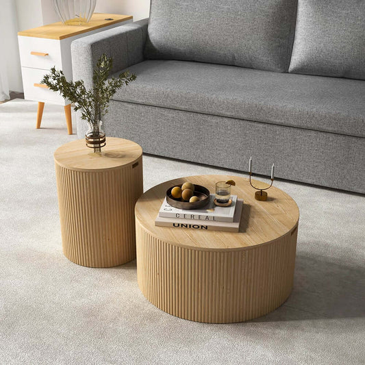 Japandi Round Coffee Table Set - Engineered Wood & Ash