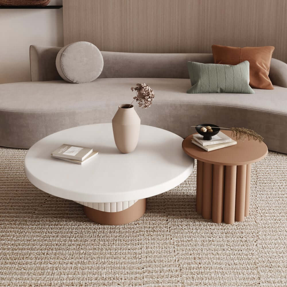 Japandi Round Coffee Table Set Of 2 - White & Walnut