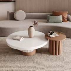 Japandi Round Coffee Table Set Of 2 - White & Walnut
