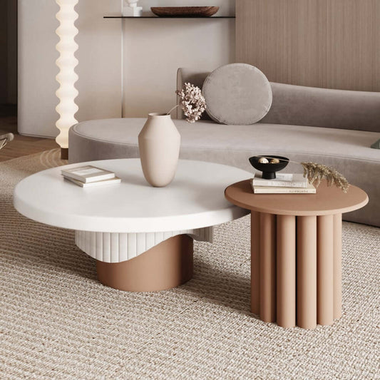 Japandi Round Coffee Table Set Of 2 - White & Walnut