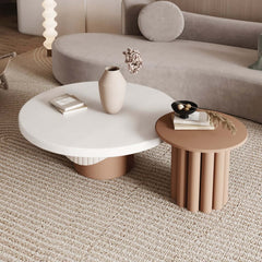 Japandi Round Coffee Table Set Of 2 - White & Walnut