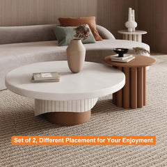 Japandi Round Coffee Table Set Of 2 - White & Walnut